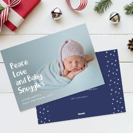 Tarjeta Festiva Modern Peace Love Cute Baby First Christmas Photo