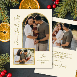 Tarjeta Festiva Modern Peace Love Joy Script Gold Arch 3 Photo 