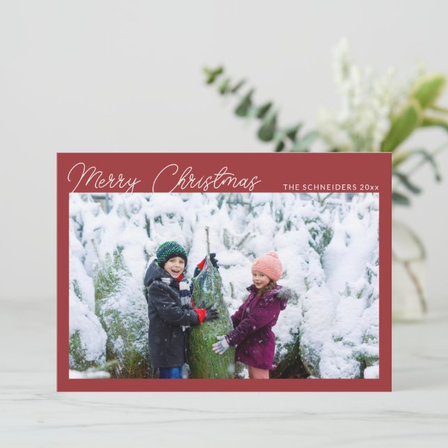 Tarjeta Festiva Modern Photo Collage Red Script Merry Christmas (Anverso de pie)