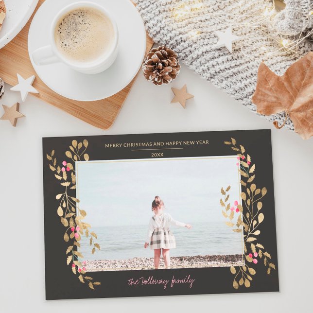Tarjeta Festiva Modern photo mistletoe Christmas chic gold frame (Subido por el creador)
