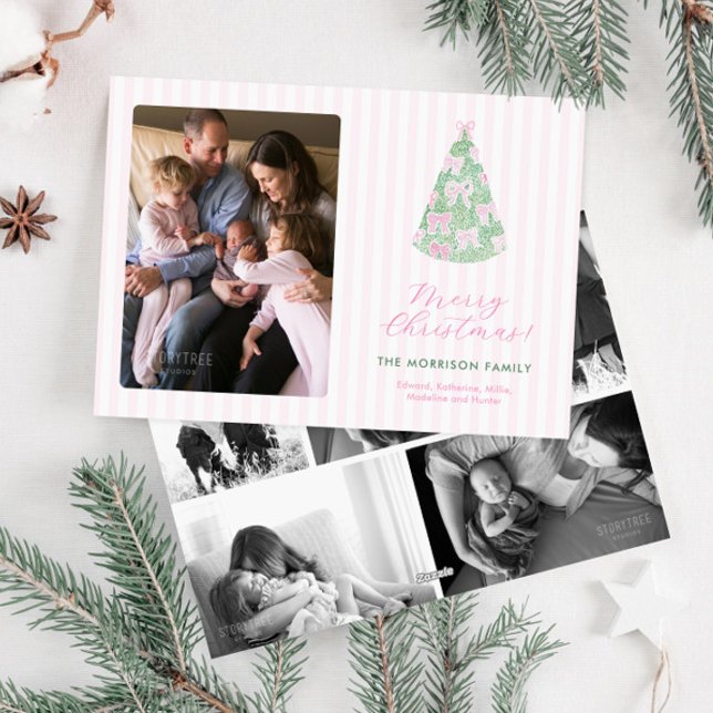 Tarjeta Festiva Modern Pink Green Watercolor Bows Christmas Photo (Whimsical pink and green bows hand-drawn hand-painted watercolor photo collage christmas card)