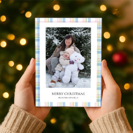 Tarjeta Festiva Modern Pink Plaid Check Christmas Photo Card