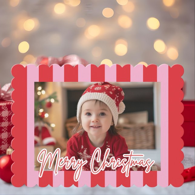 Tarjeta Festiva Modern Pink & Red Striped Photo Merry Christmas (Subido por el creador)