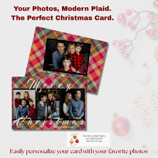 Tarjeta Festiva Modern Plaid Tartan 4 Photo Christmas Holiday Card