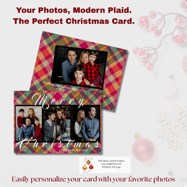 Tarjeta Festiva Modern Plaid Tartan 4 Photo Christmas Holiday Card (Subido por el creador)