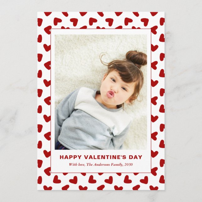 Tarjeta Festiva Modern Red Hearts Pattern One Photo Valentines Day (Anverso)