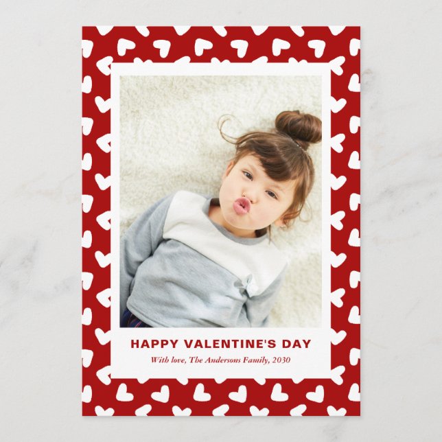 Tarjeta Festiva Modern Red Hearts Pattern One Photo Valentines Day (Anverso)