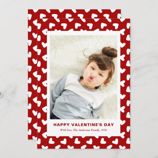 Tarjeta Festiva Modern Red Hearts Pattern One Photo Valentines Day (Anverso / Reverso)