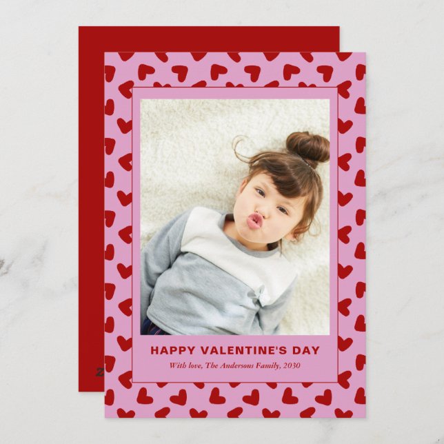 Tarjeta Festiva Modern Red Hearts Pattern One Photo Valentines Day (Anverso / Reverso)
