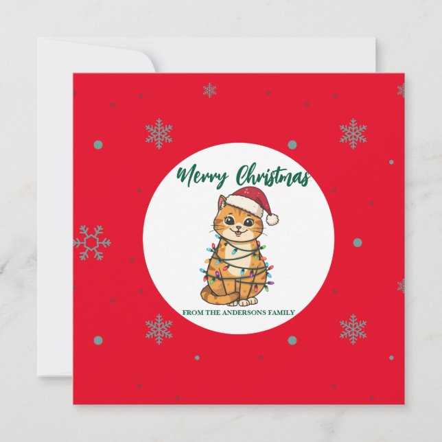 Tarjeta Festiva modern red merry cat snowflake christmas kitten Ca (Anverso)