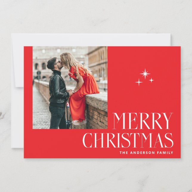 Tarjeta Festiva Modern Red Merry Christmas Greeting. Elegant Photo (Anverso)
