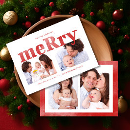 Tarjeta Festiva Modern Red “Merry” Typography Photo Family