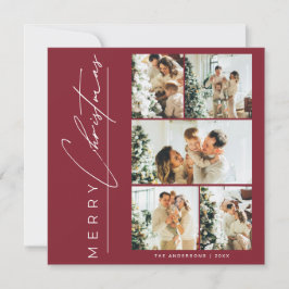 Tarjeta Festiva Modern Red Multi Photo Merry Christmas Script