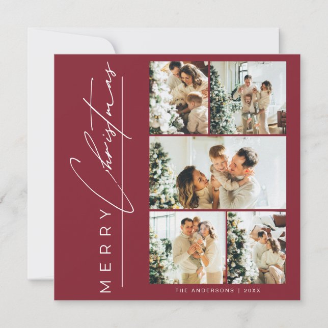 Tarjeta Festiva Modern Red Multi Photo Merry Christmas Script (Anverso)