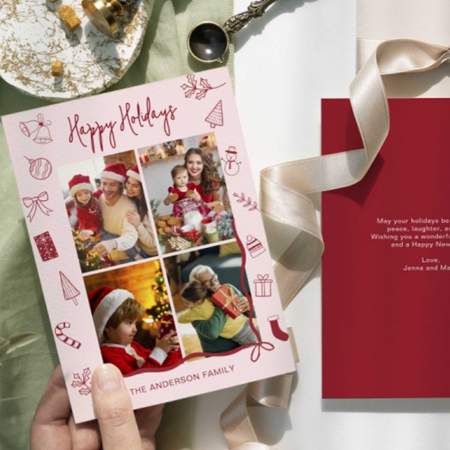Tarjeta Festiva Modern Red Pink Holiday Family Collage (Subido por el creador)