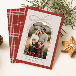 Tarjeta Festiva Modern Red Plaid Bow Family Arch Photo Christmas