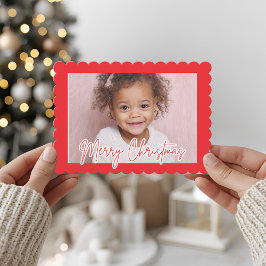 Tarjeta Festiva Modern Red Scallop Photo Christmas Merry Christmas