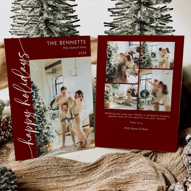 Tarjeta Festiva Modern Red Script Happy Holidays Photo Collage  (Subido por el creador)