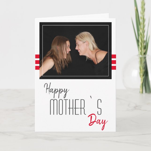 Tarjeta Festiva Modern Red Stripes Happy Mother's Day Photo (Anverso)