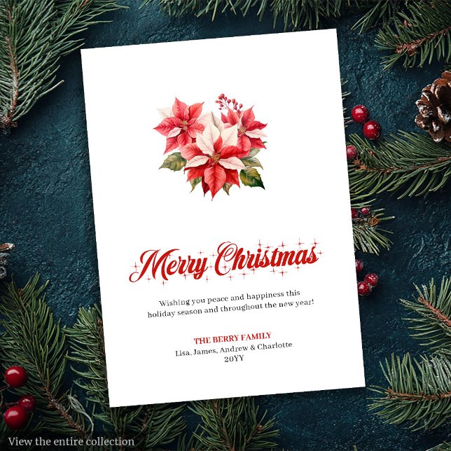 Tarjeta Festiva Modern Red White Poinsettia Bouquet Holiday Cards (Modern Red White Poinsettia Bouquet Holiday Greeting)
