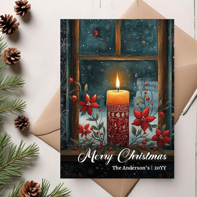 Tarjeta Festiva Modern Retro Christmas Candle Holiday Card (Modern Retro Christmas Candle Holiday Card)