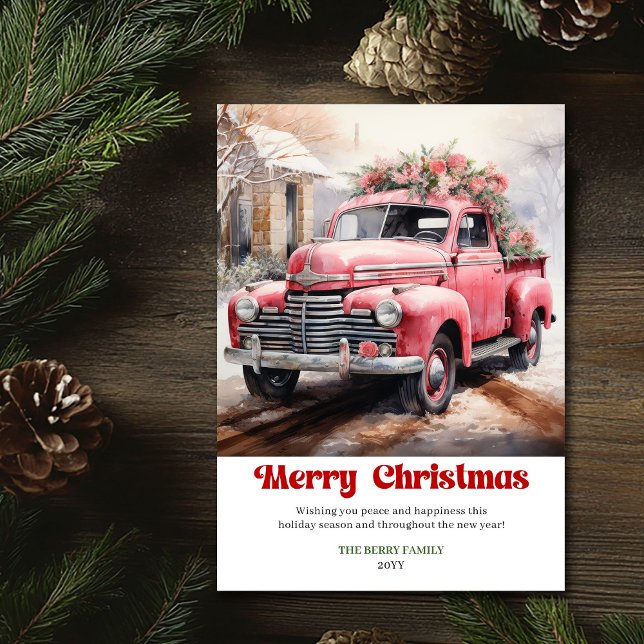 Tarjeta Festiva Modern rustic Christmas scene pink truck card art (Modern rustic Christmas scene pink car card art)