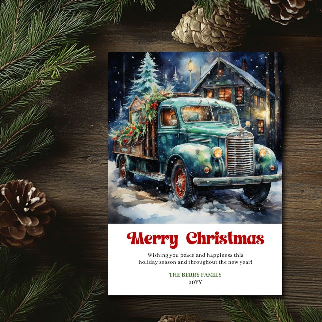 Tarjeta Festiva Modern rustic Christmas scene watercolor red truck (Modern rustic Christmas scene watercolor red truck card)