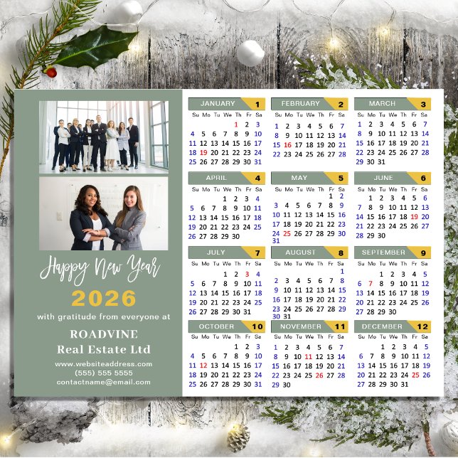 Tarjeta Festiva Modern Sage Green 2026 Calendar Business Minimal (Subido por el creador)