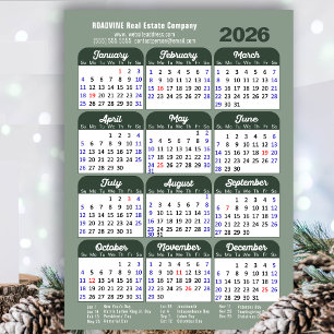 Tarjeta Festiva Modern Sage Green 2026 Calendar Business Simple