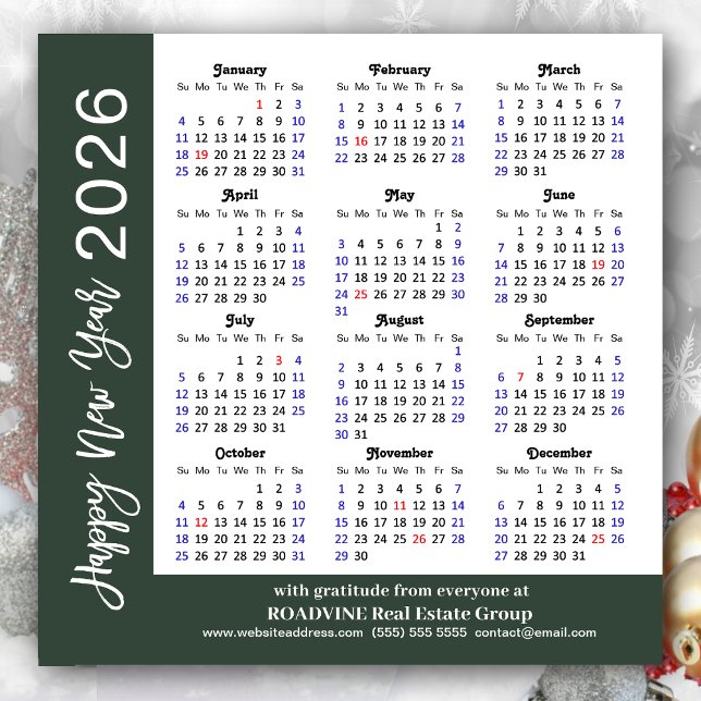 Tarjeta Festiva Modern Sage Green Business 2026 Calendar Simple (Subido por el creador)