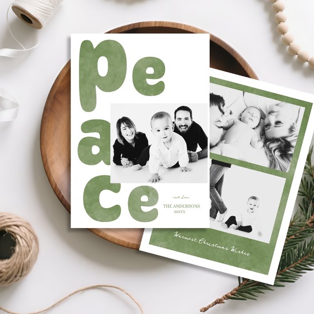Tarjeta Festiva Modern Sage Green PEACE Photo (Modern Sage Green PEACE Photo Holiday Card)