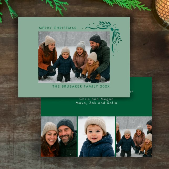 Tarjeta Festiva Modern Sage Hand Drawn Bows Christmas Photo (Add your name and photos to this original sage greenery and bows modern budget Christmas photo card.)