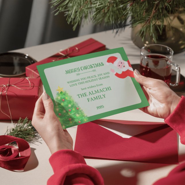 Tarjeta Festiva modern santa pine tree family christmas greeting (Subido por el creador)