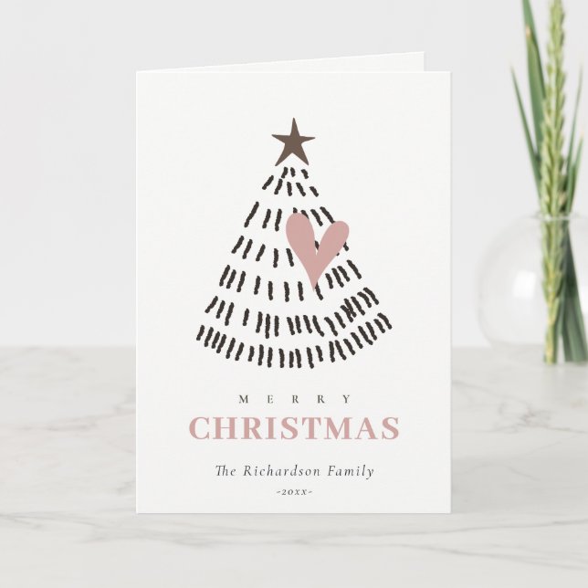 Tarjeta Festiva Modern Scandi Minimal Blush Heart Christmas Tree (Anverso)