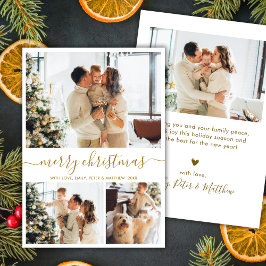 Tarjeta Festiva Modern Script 3 Photo Collage Gold White Christmas