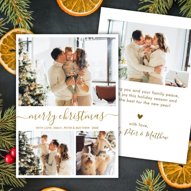 Tarjeta Festiva Modern Script 3 Photo Collage Gold White Christmas (Subido por el creador)