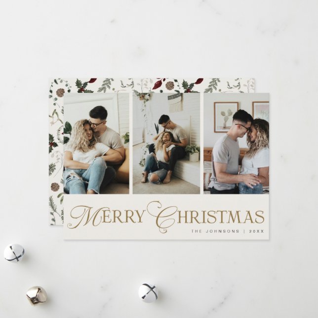 Tarjeta Festiva Modern Script 3 Photo Collage Merry Christmas (Anverso/Reverso In Situ)