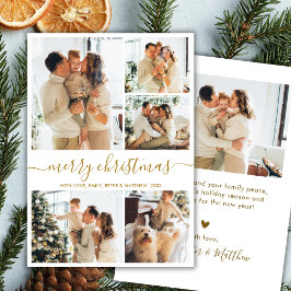 Tarjeta Festiva Modern Script 5 Photo Collage Gold White Christmas