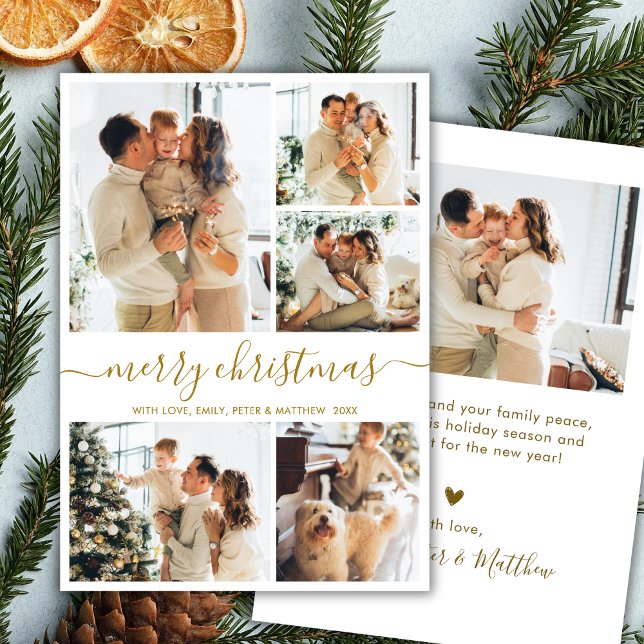 Tarjeta Festiva Modern Script 5 Photo Collage Gold White Christmas (Subido por el creador)