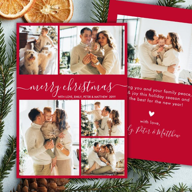 Tarjeta Festiva Modern Script 5 Photo Collage Red Christmas (Subido por el creador)