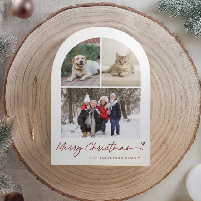 Tarjeta Festiva Modern Script Arch Family Photo Christmas (Modern arch Christmas card with red and white photo collage, minimalist script, and small heart.)