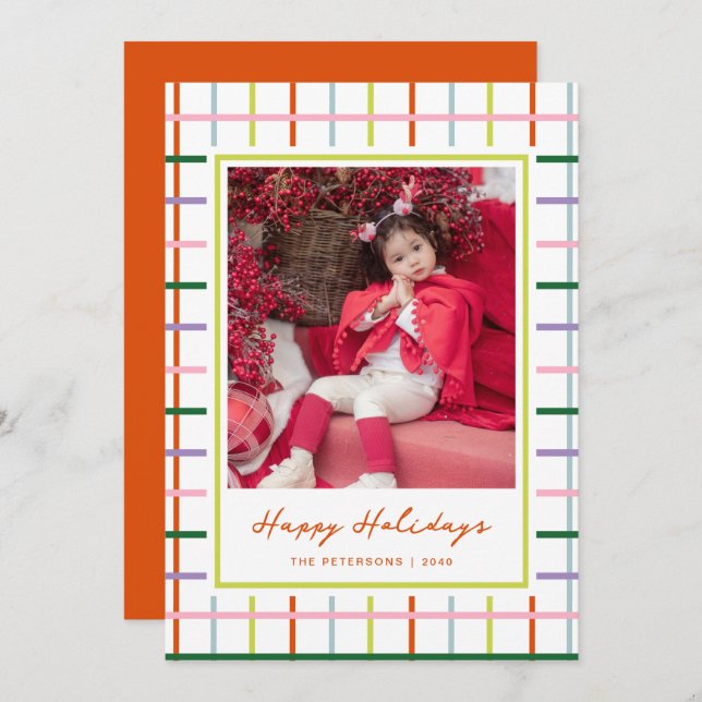 Tarjeta Festiva Modern Script Colorful Grid Happy Holidays Photo (Anverso / Reverso)