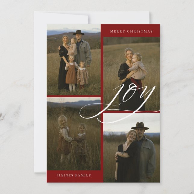 Tarjeta Festiva Modern Script Joy 4 Photo Christmas (Anverso)