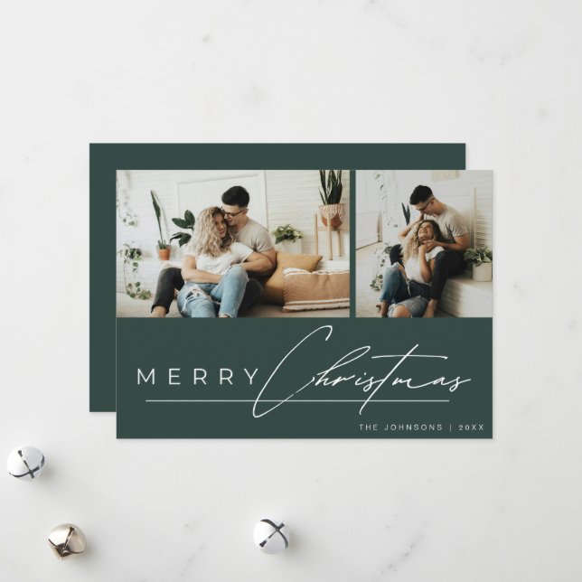Tarjeta Festiva Modern Script Minimal Photo Green Merry Christmas (Anverso/Reverso In Situ)