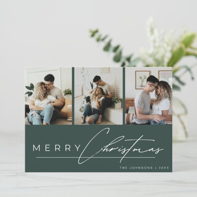Tarjeta Festiva Modern Script Photo Collage Green Merry Christmas (Anverso de pie)