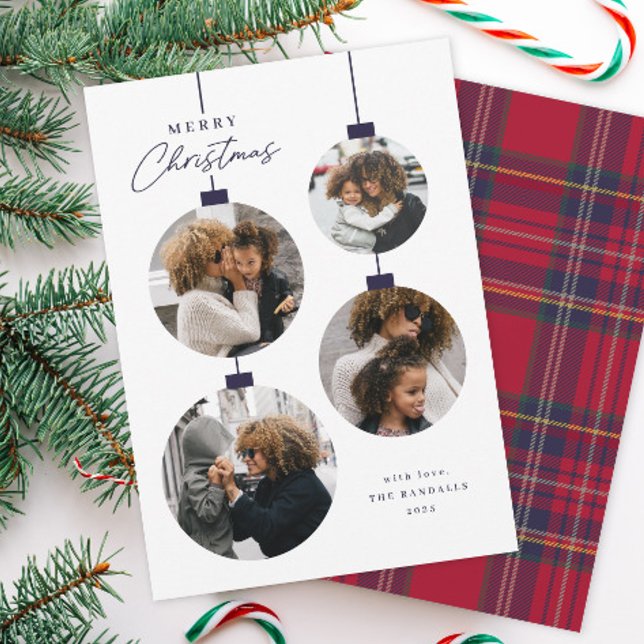 Tarjeta Festiva Modern Simple Christmas Ornament 4 Photo (Modern 4 Photo Christmas Treen Ornament Holiday Cards.)