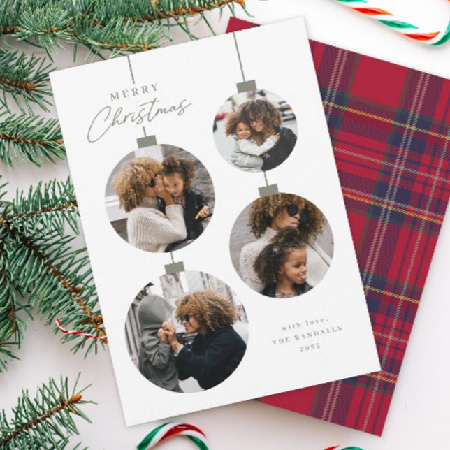 Tarjeta Festiva Modern Simple Christmas Ornament 4 Photo (Modern Sage Green 4 Photo Collage Ornament Christmas Cards.)