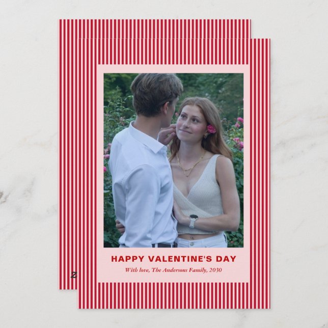 Tarjeta Festiva Modern Simple Red Stripes Two Photo Valentines Day (Anverso / Reverso)