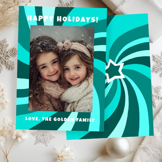 Tarjeta Festiva Modern Swirl HAPPY HOLIDAYS CUSTOM PHOTO (Modern Swirl HAPPY HOLIDAYS CUSTOM PHOTO Green Christmas Holiday Card
)
