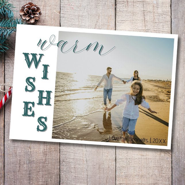 Tarjeta Festiva Modern Teal Warm Wishes Two Beach Family Photo (Subido por el creador)